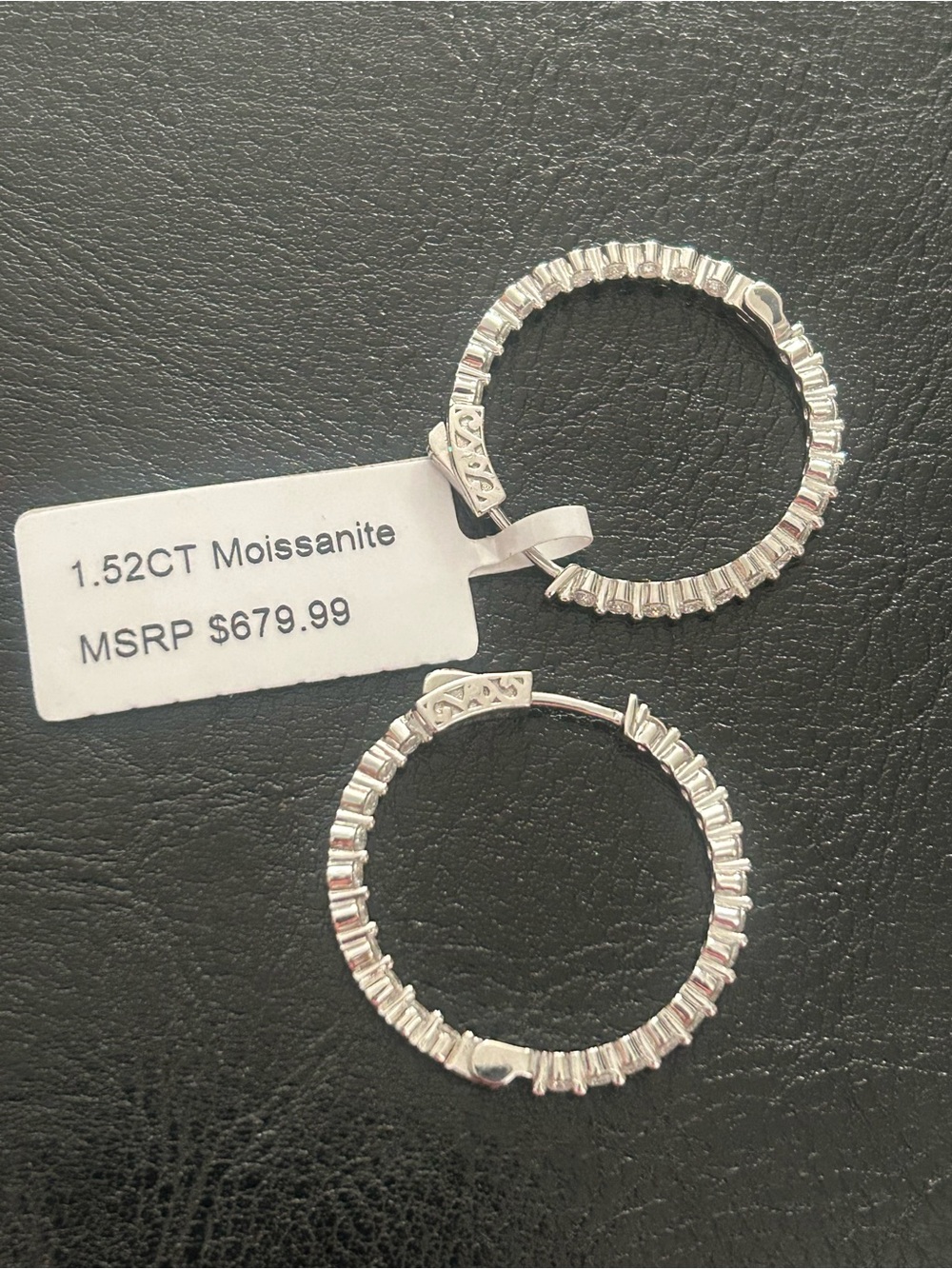 NWT 1.52CT Moissanite and Sterling hoop earrings. Signed.